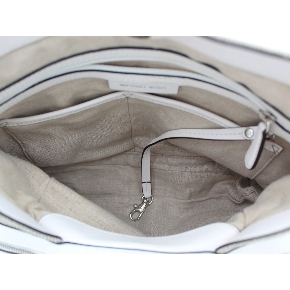 Michael Kors Raven Shoulder Bag Purse Beige White Canvas Fabric Leather Summer - Picture 9 of 12